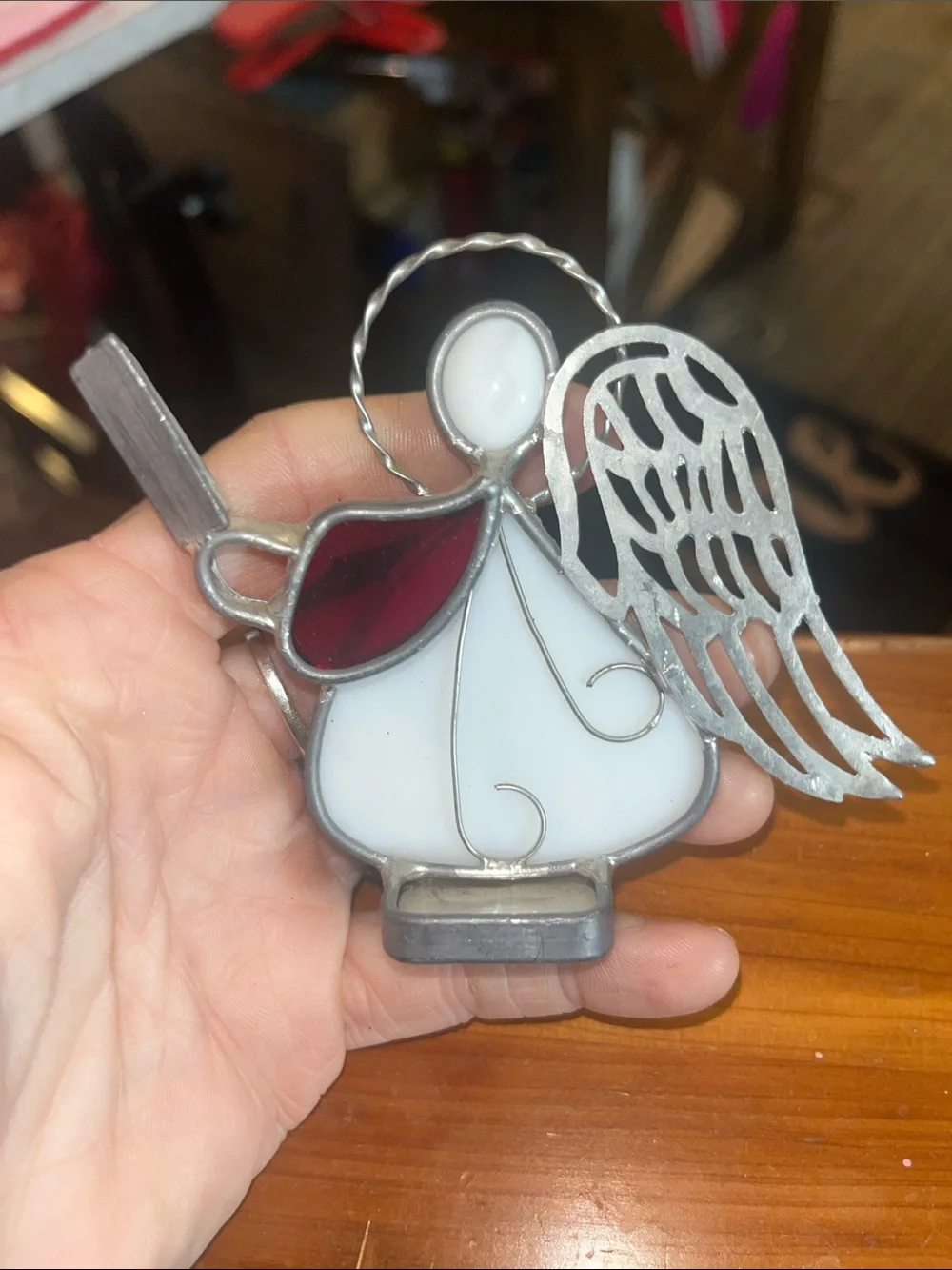 Handcrafted White and Red Stained Glass Angel Figurine - Home Holiday Décor